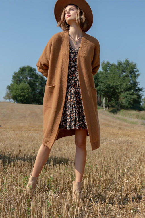 Woolen classic cardigan with pockets F1059 darkcarmel