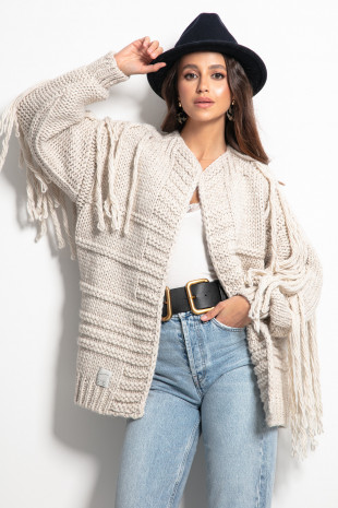 Kardigan Chunky Knit z frędzlami F1089 beżowy