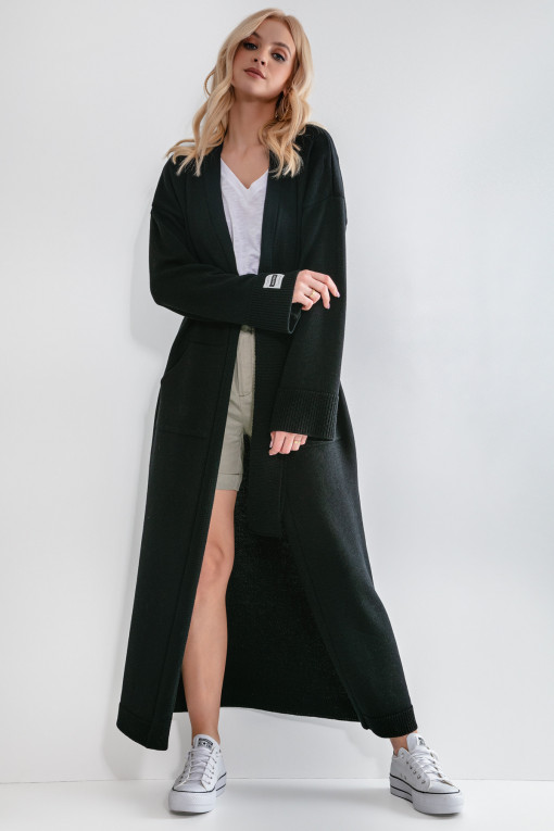 Long merino wool cardigan with a belt F1213 black