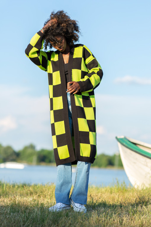 Checkered pattern cardigan F1255 lime