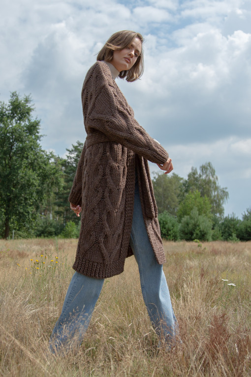 Long woolen cardigan with decorative chunky knit F1261 espresso