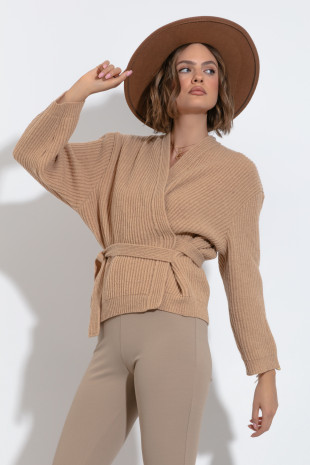 Short knotted wool sweater F1504 carmel