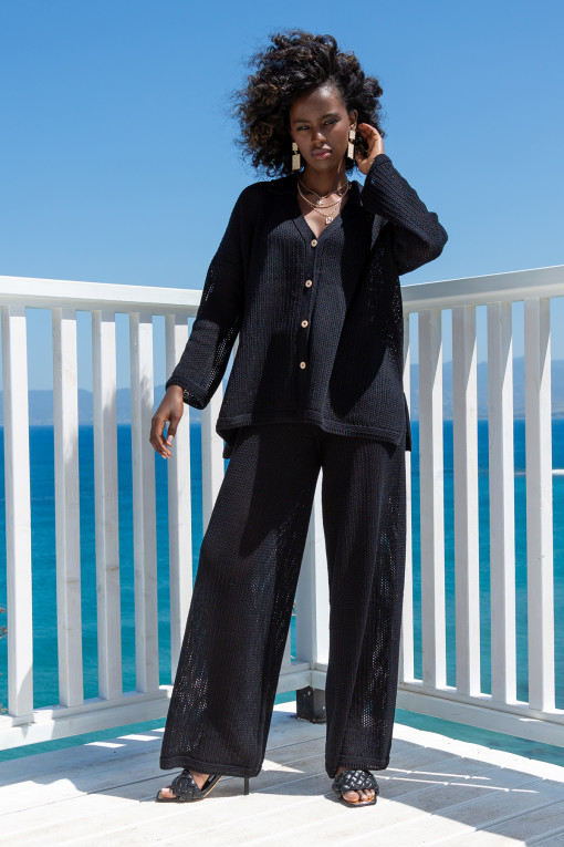 Cotton openwork set with buttoned shirt and long pants F1682 black