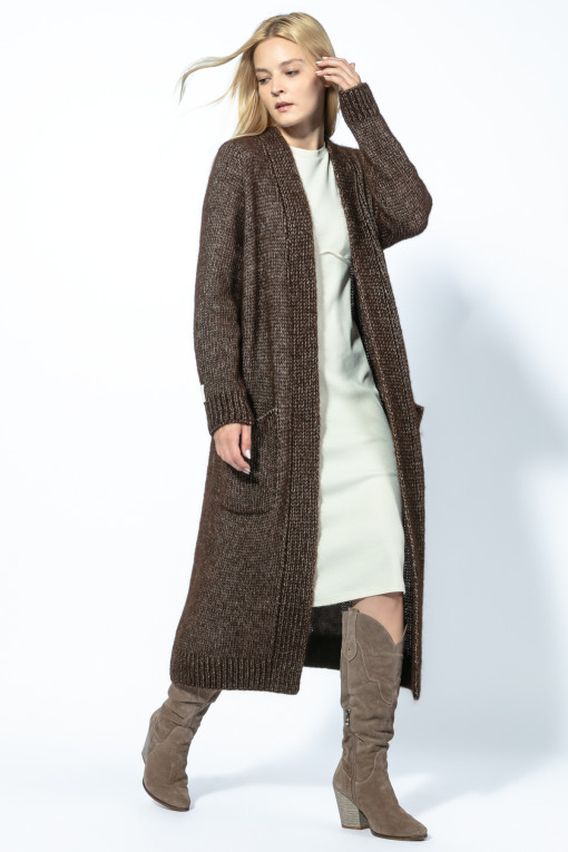 The classic cardigan made from undyed alpaca wool and Maco cotton F1744 brown